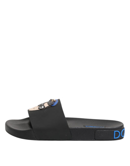 Black Leather Slides Flats Beachwear Shoes