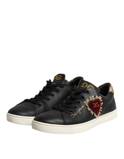 Black Leather Sacred Heart Sneakers Shoes