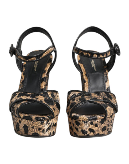 Brown Leopard Wedges Ankle Strap Sandals Shoes