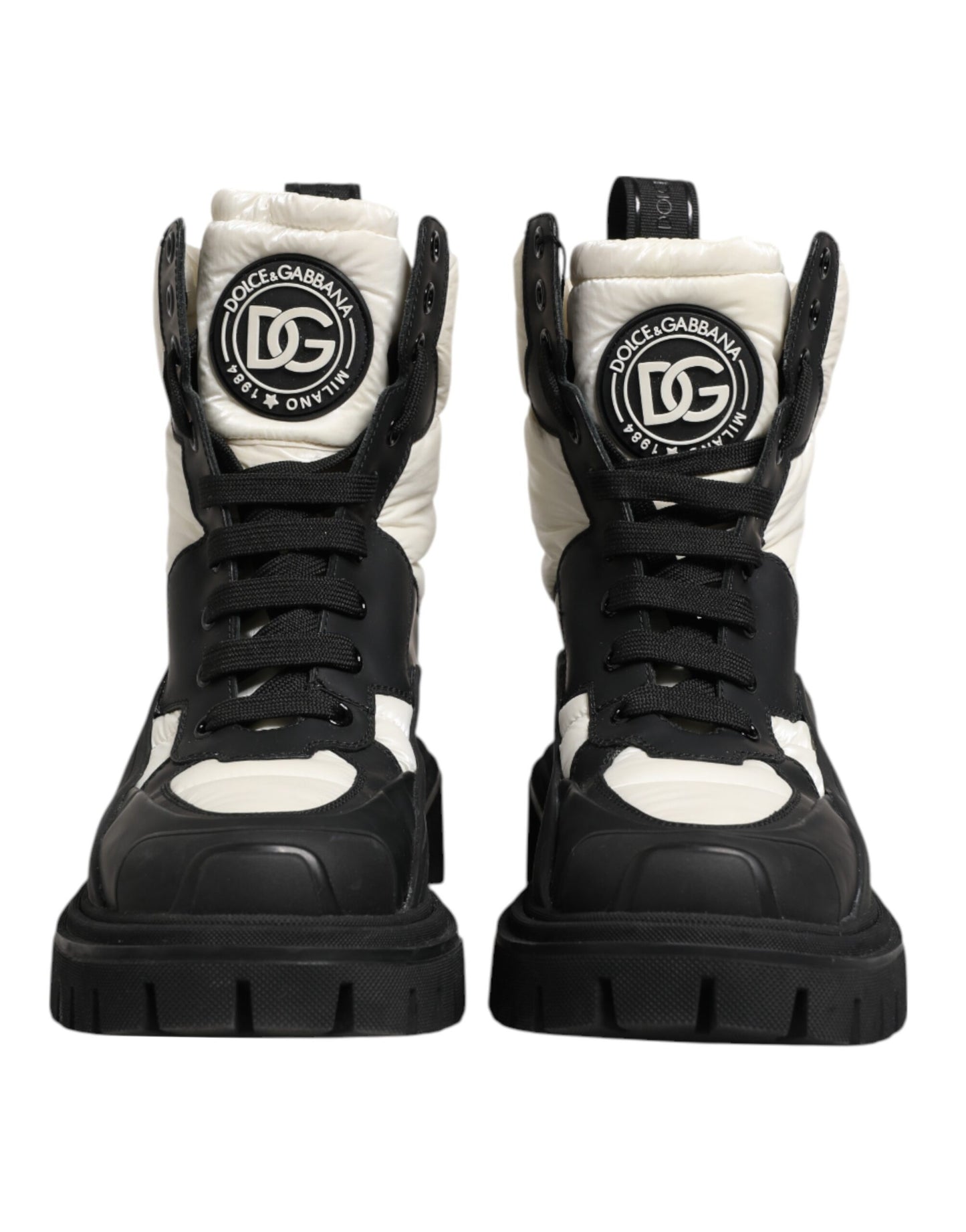 Black White Padded Mid Calf Lace Up Boots Shoes