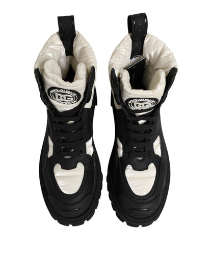 Black White Padded Mid Calf Lace Up Boots Shoes