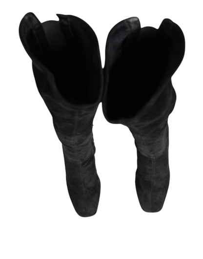 Black Suede Leather Knee High Boots Shoes