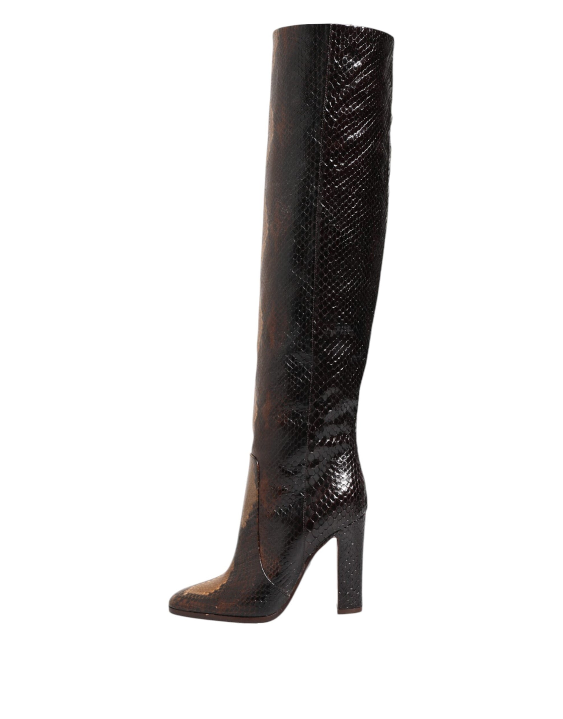 Brown Python Snakeskin Print Riding Boots Shoes