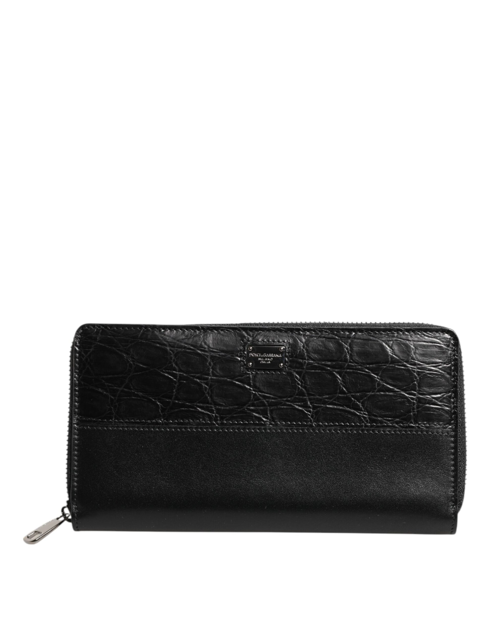 Black Leather Logo Plaque Zip Around Continental Wallet