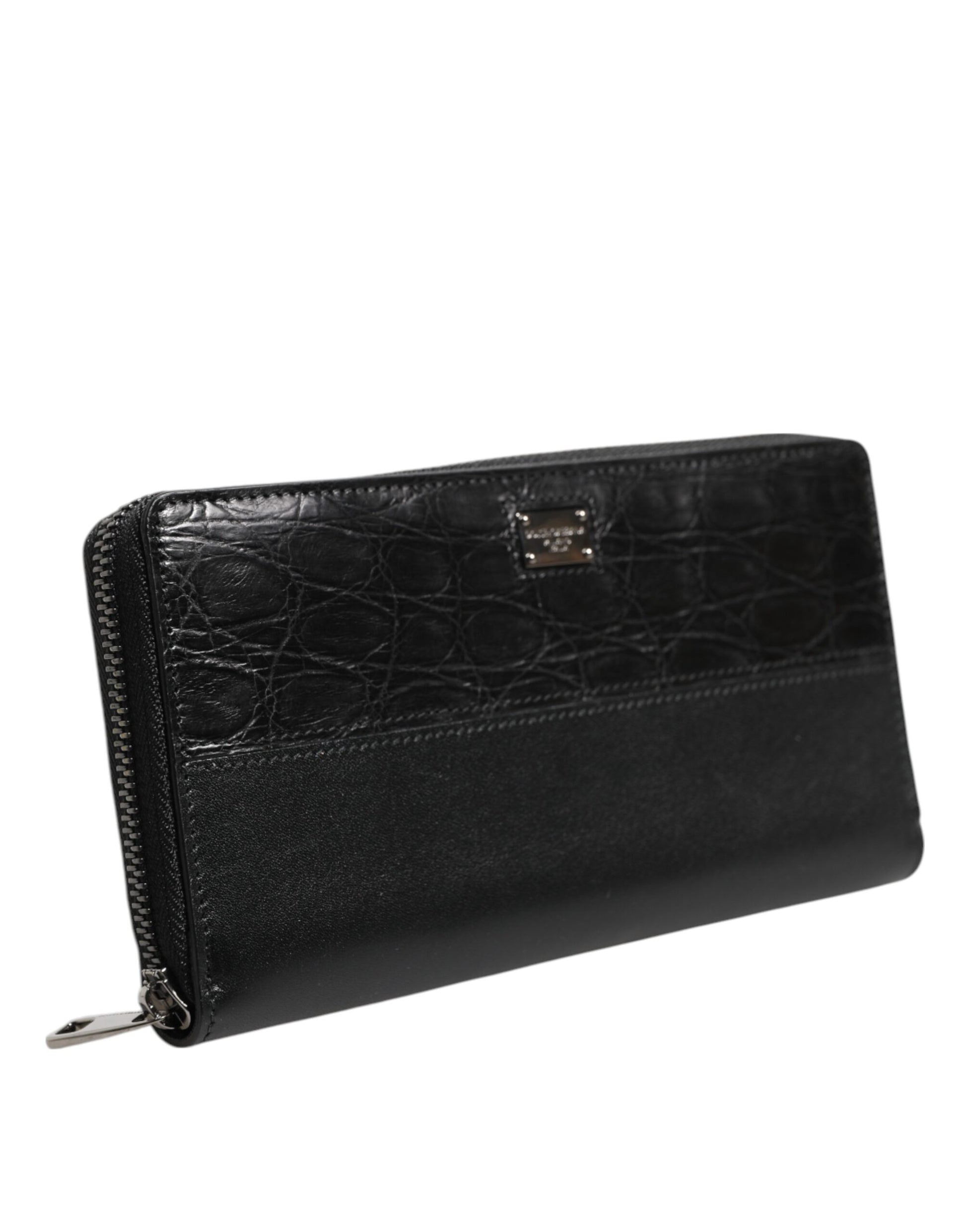 Black Leather Logo Plaque Zip Around Continental Wallet