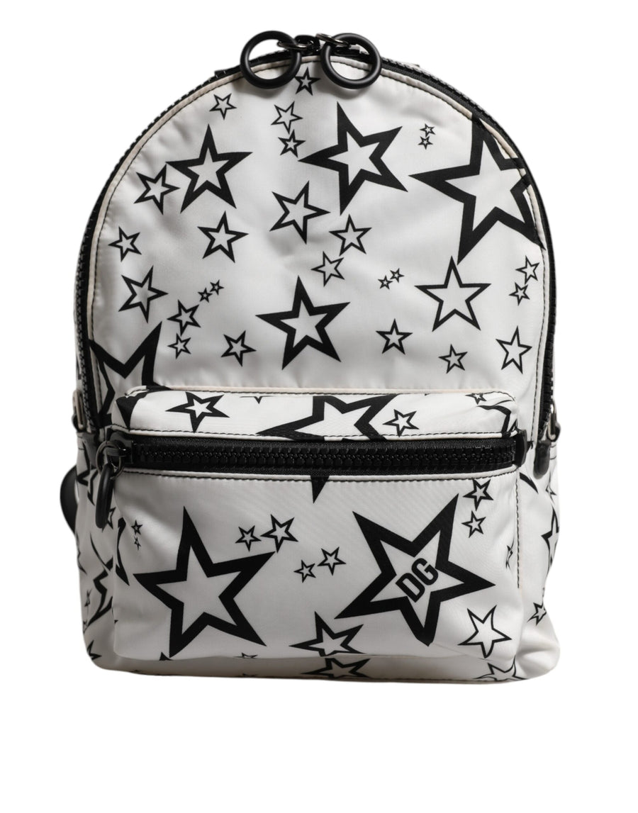 White DG Stars Print Nylon Travel Backpack Bag