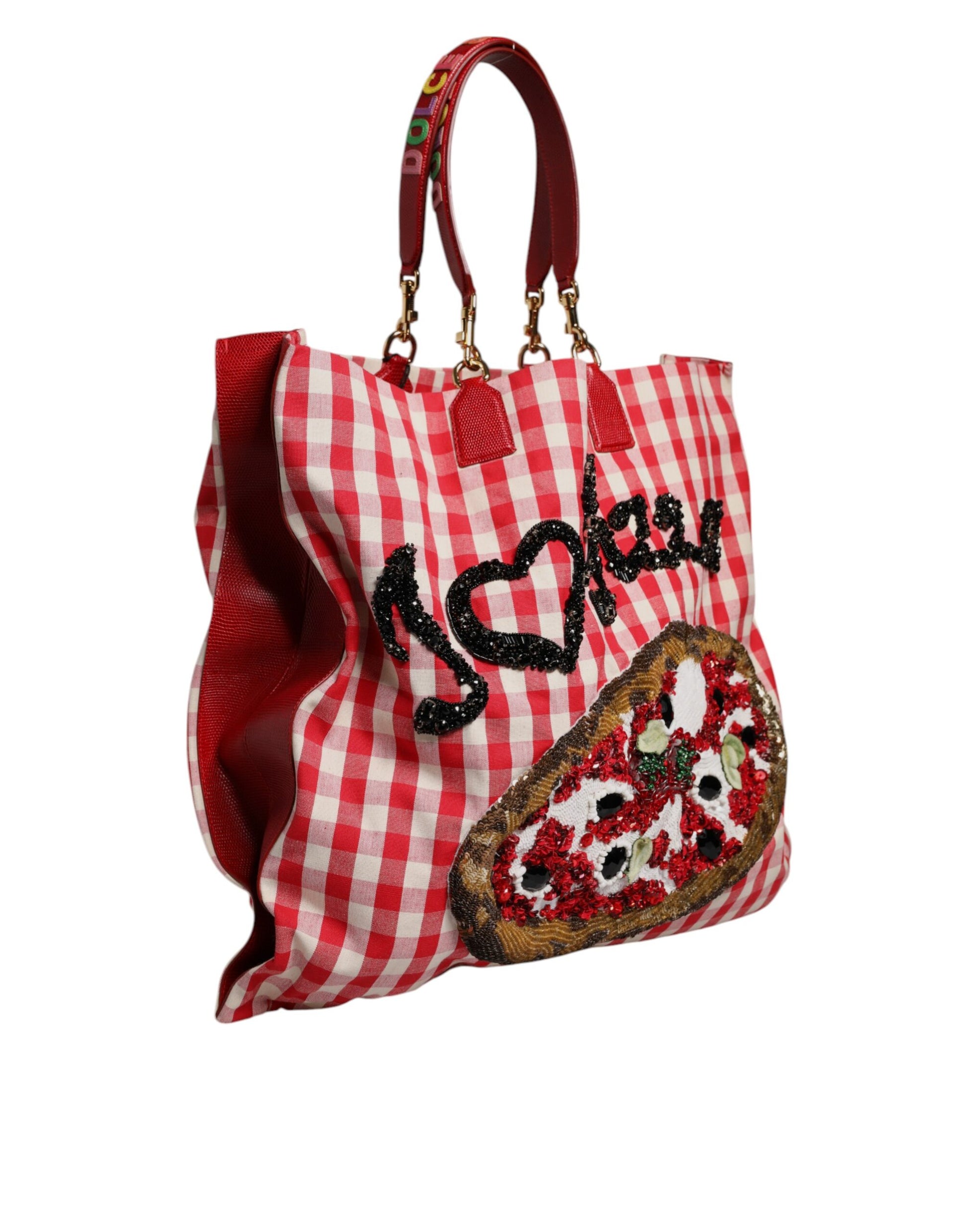 Red I Love Pizza Rhinestone Embellished Tote Bag