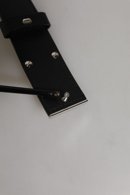 Black Leather Classic Metal Logo Buckle Belt