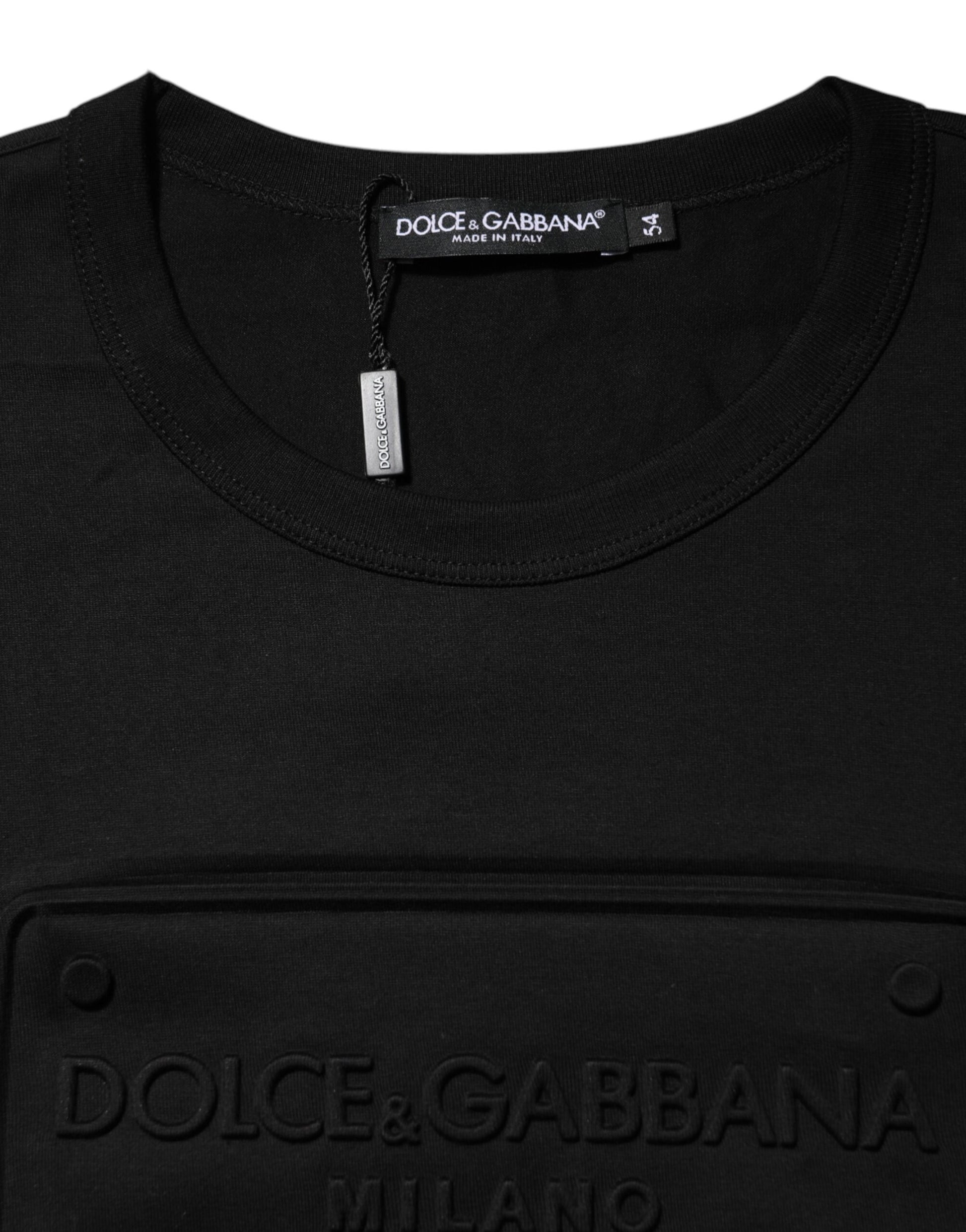 Black Embossed Logo Cotton Crew Neck T-shirt