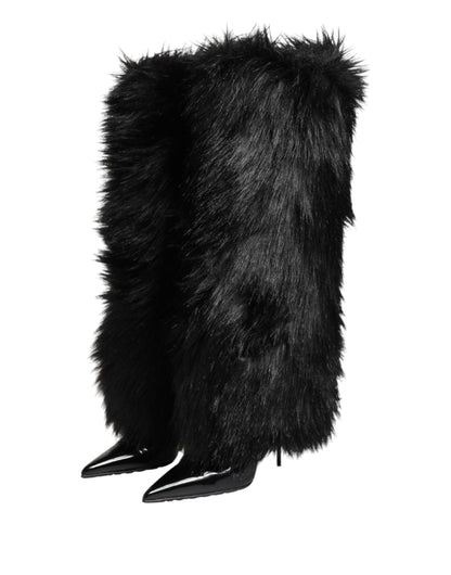 Black Faux Fur Pointed Knee High Stiletto Boots Shoes