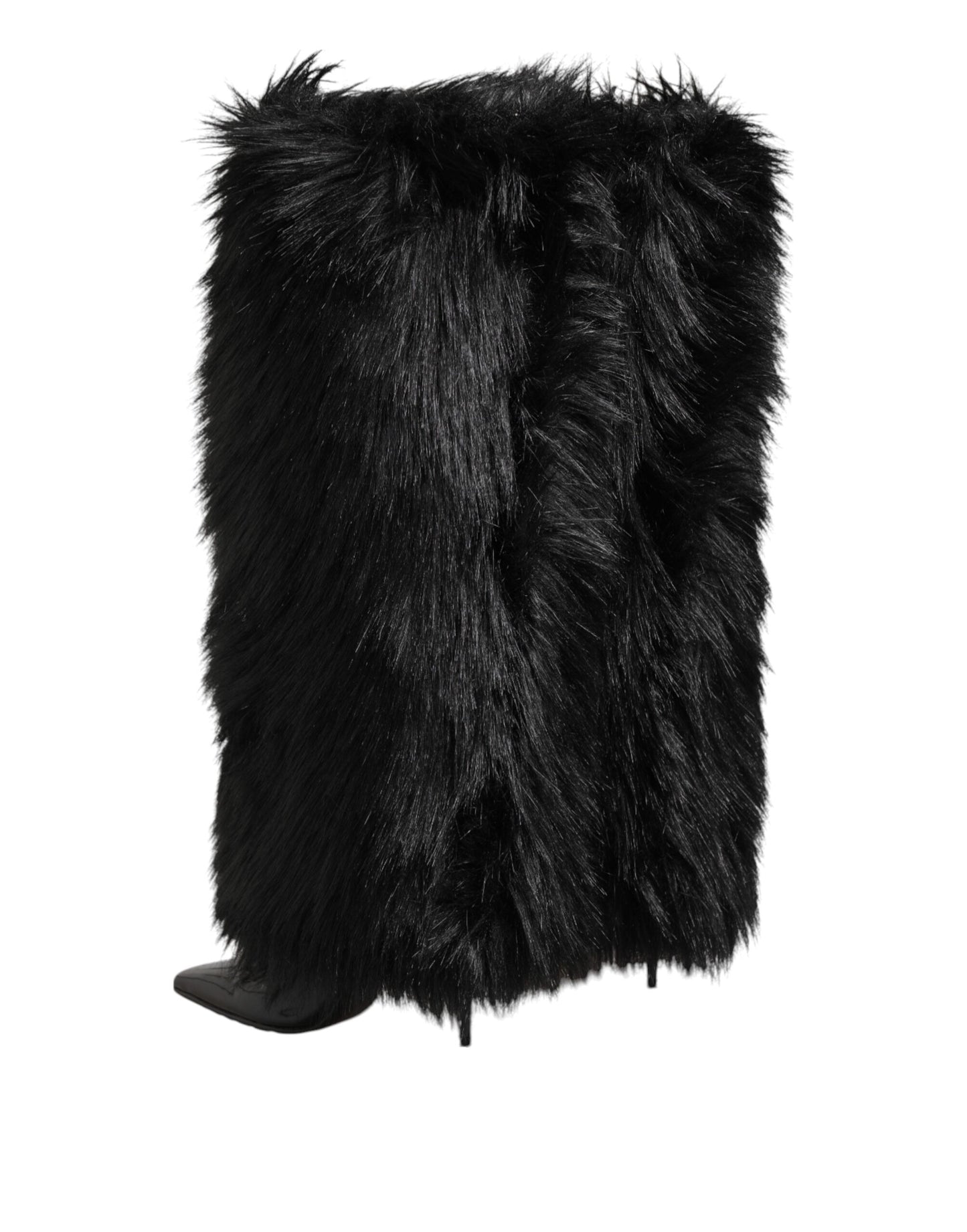 Black Faux Fur Pointed Knee High Stiletto Boots Shoes