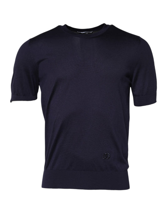 Dark Blue Silk Crew Neck Short Sleeves T-shirt