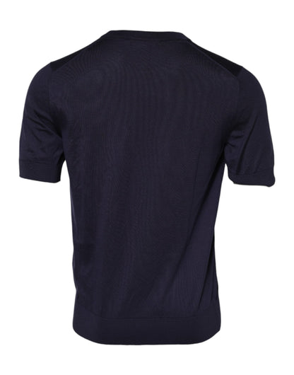 Dark Blue Silk Crew Neck Short Sleeves T-shirt