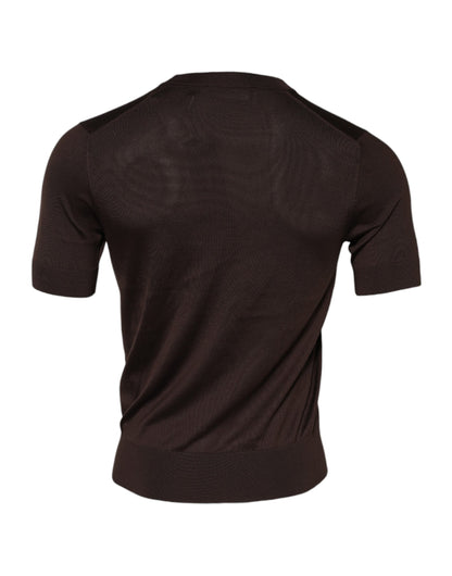 Brown Silk Crew Neck Short Sleeves T-shirt