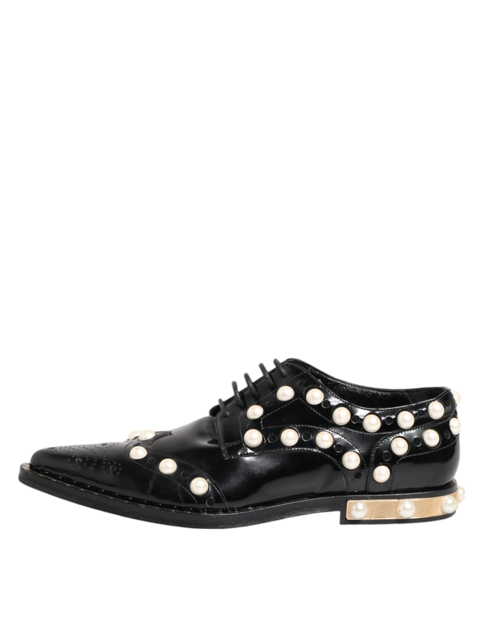 Black Leather Faux Pearl Dress Broque Shoes