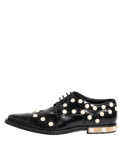 Black Leather Faux Pearl Dress Broque Shoes