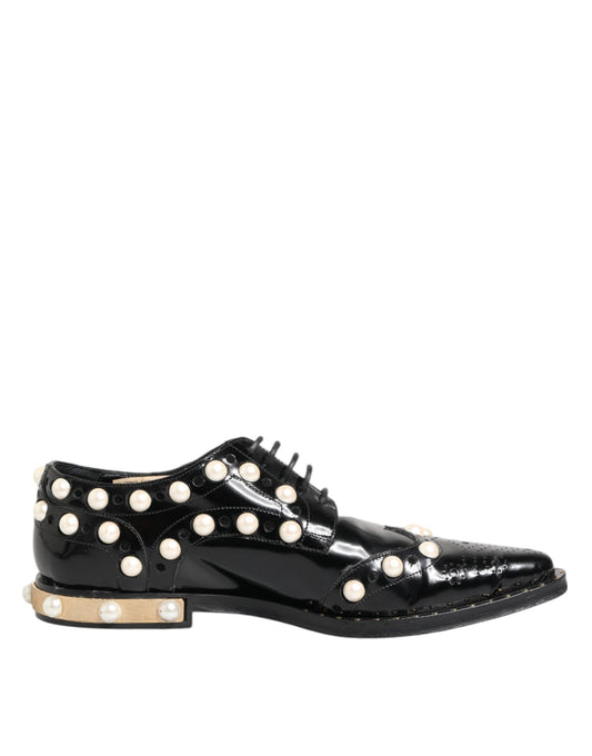 Black Leather Faux Pearl Dress Broque Shoes