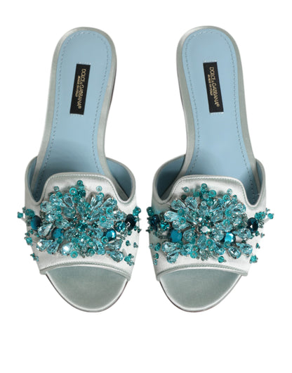 Silver Blue Leather Bead Embellish Slide Shoes