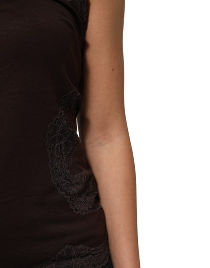 Dark Brown Lace Trim Wool Sleeveless Tank Top