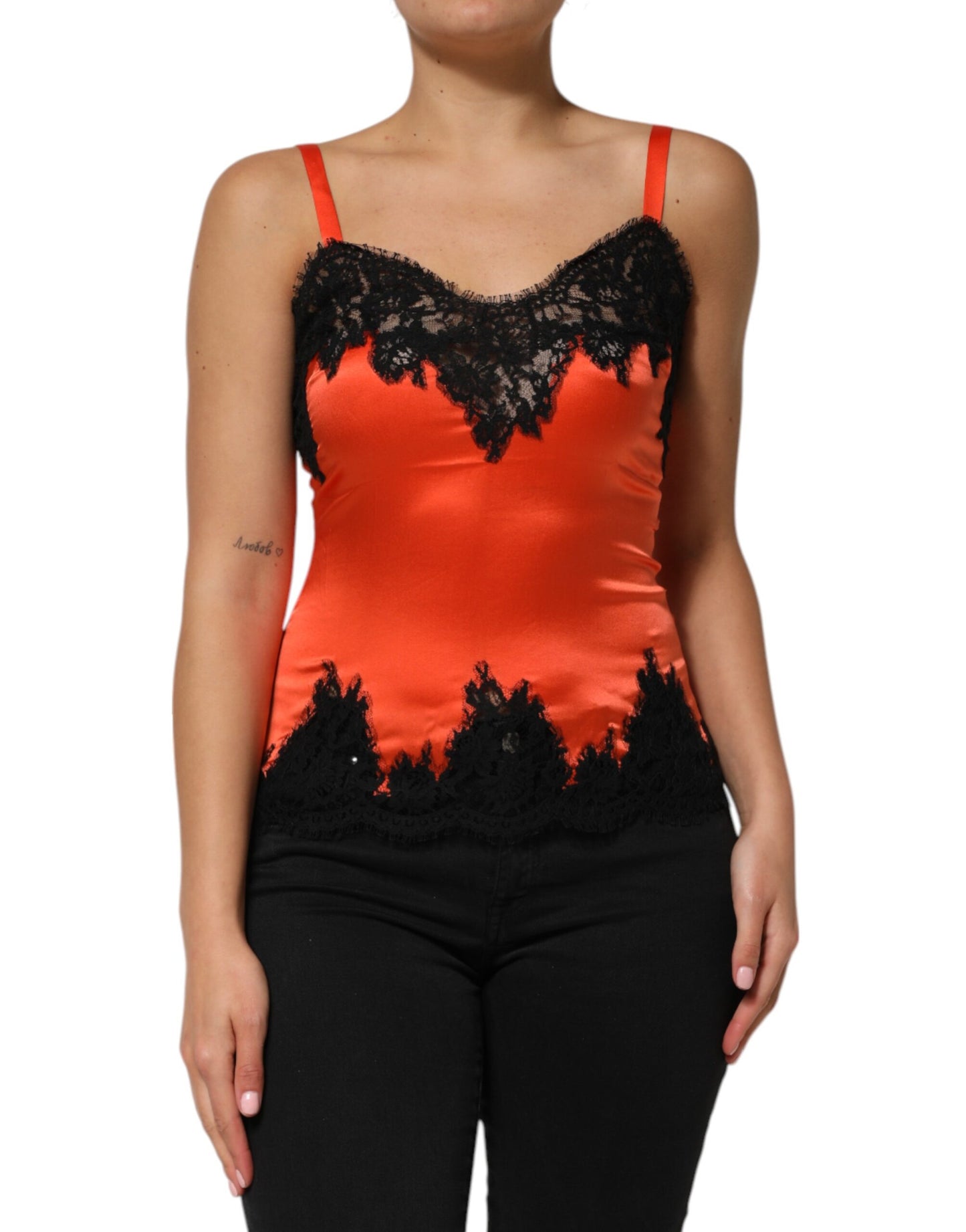 Red Black Lace Trim Silk Sleeveless Tank Top