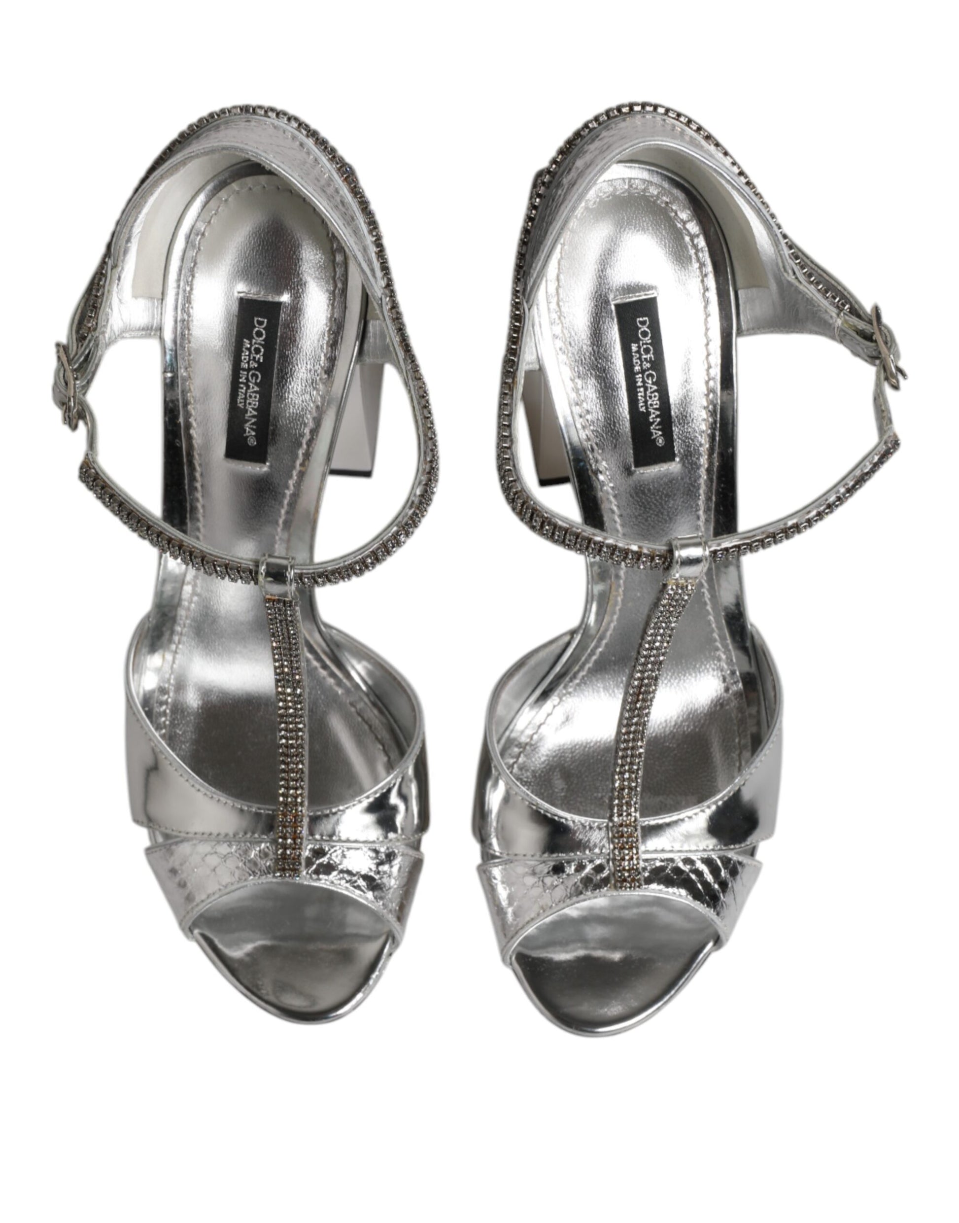 Silver Leather T-strap Heels Sandals Shoes