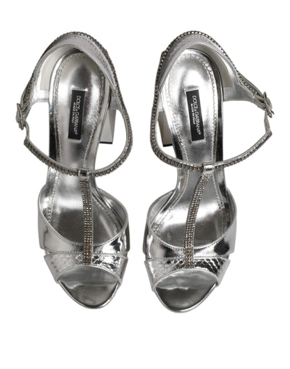 Silver Leather T-strap Heels Sandals Shoes
