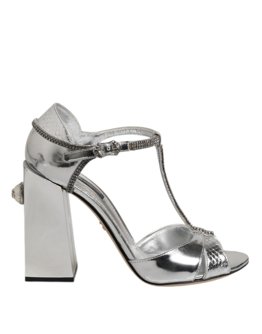 Silver Leather T-strap Heels Sandals Shoes