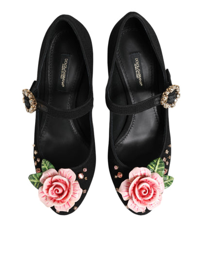 Black Flower Crystal Embellished Mary Jane Shoes