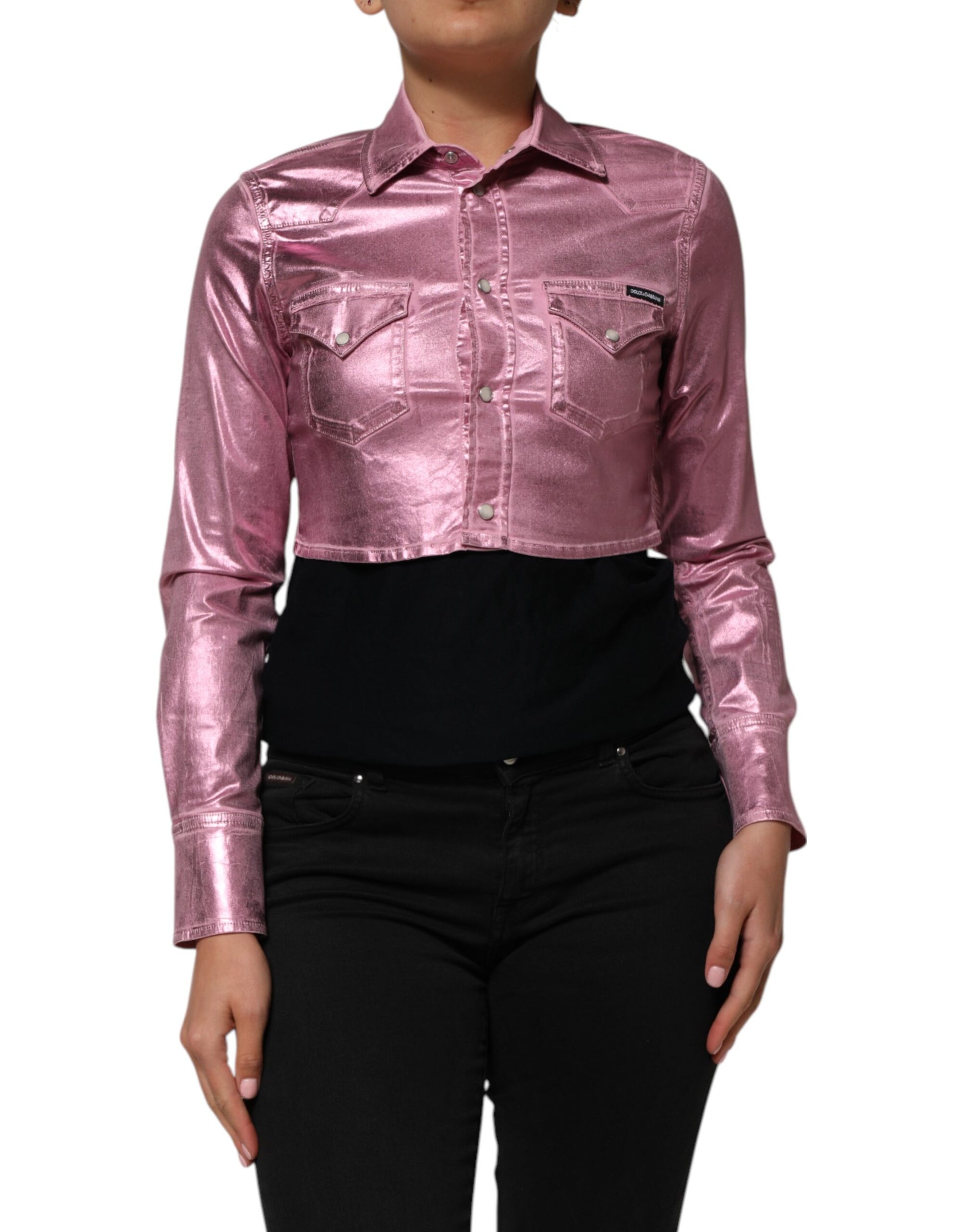 Pink Cotton Stretch Collared Cropped Jacket
