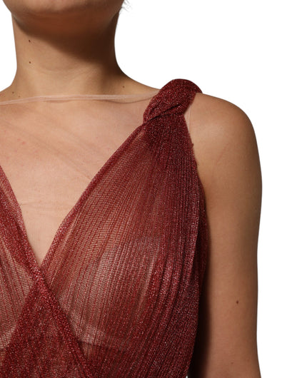 Burgundy Mesh Sleeveless Midi A-line Dress