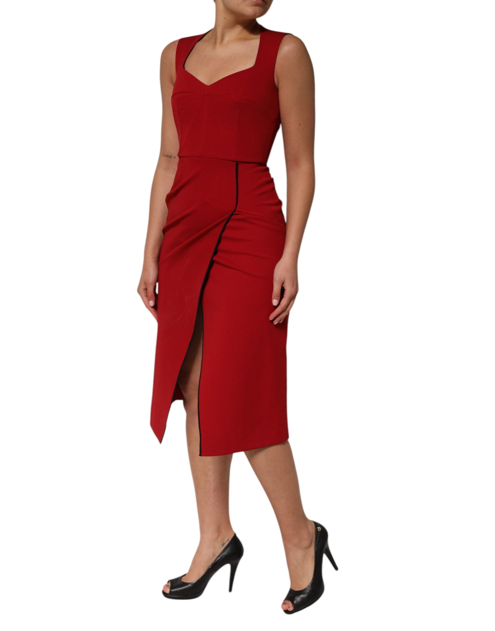 Red Viscose Stretch Slit Sheath Midi Dress