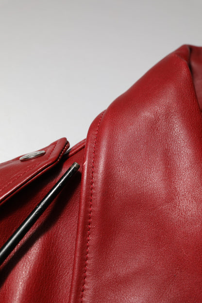 Red Leather Belted Full Zip Trench Coat Jacket