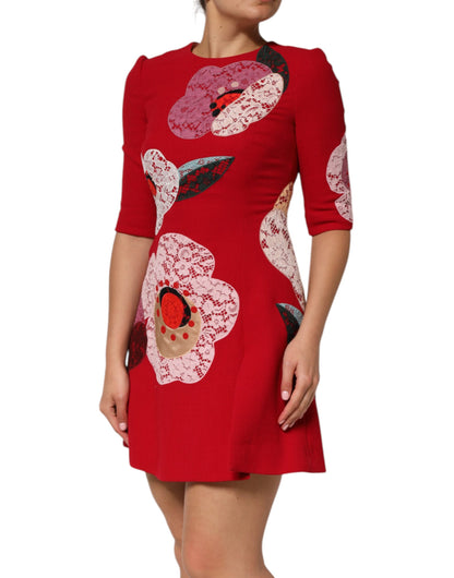 Red Lace Floral Applique A-line Mini Dress