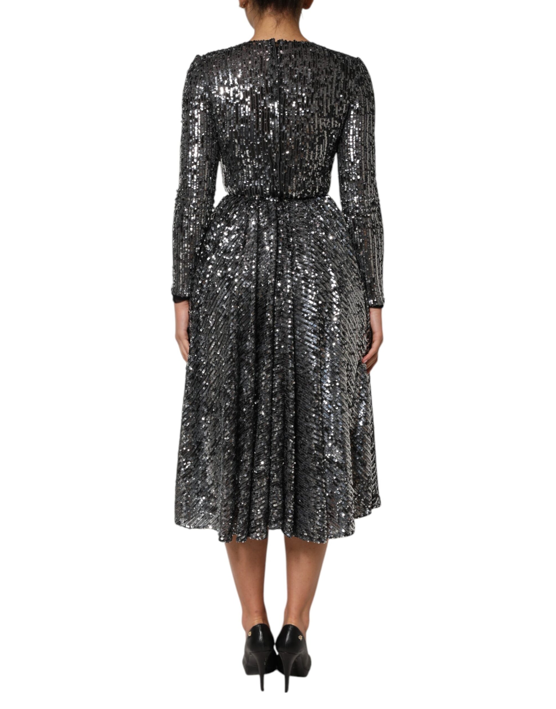Black Sequined Long Sleeves Midi A-line  Dress
