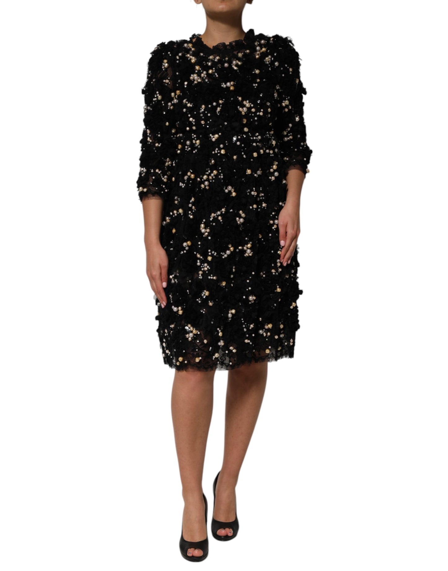 Black Viscose Pearl Embellishment Shift Dress
