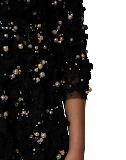 Black Viscose Pearl Embellishment Shift Dress