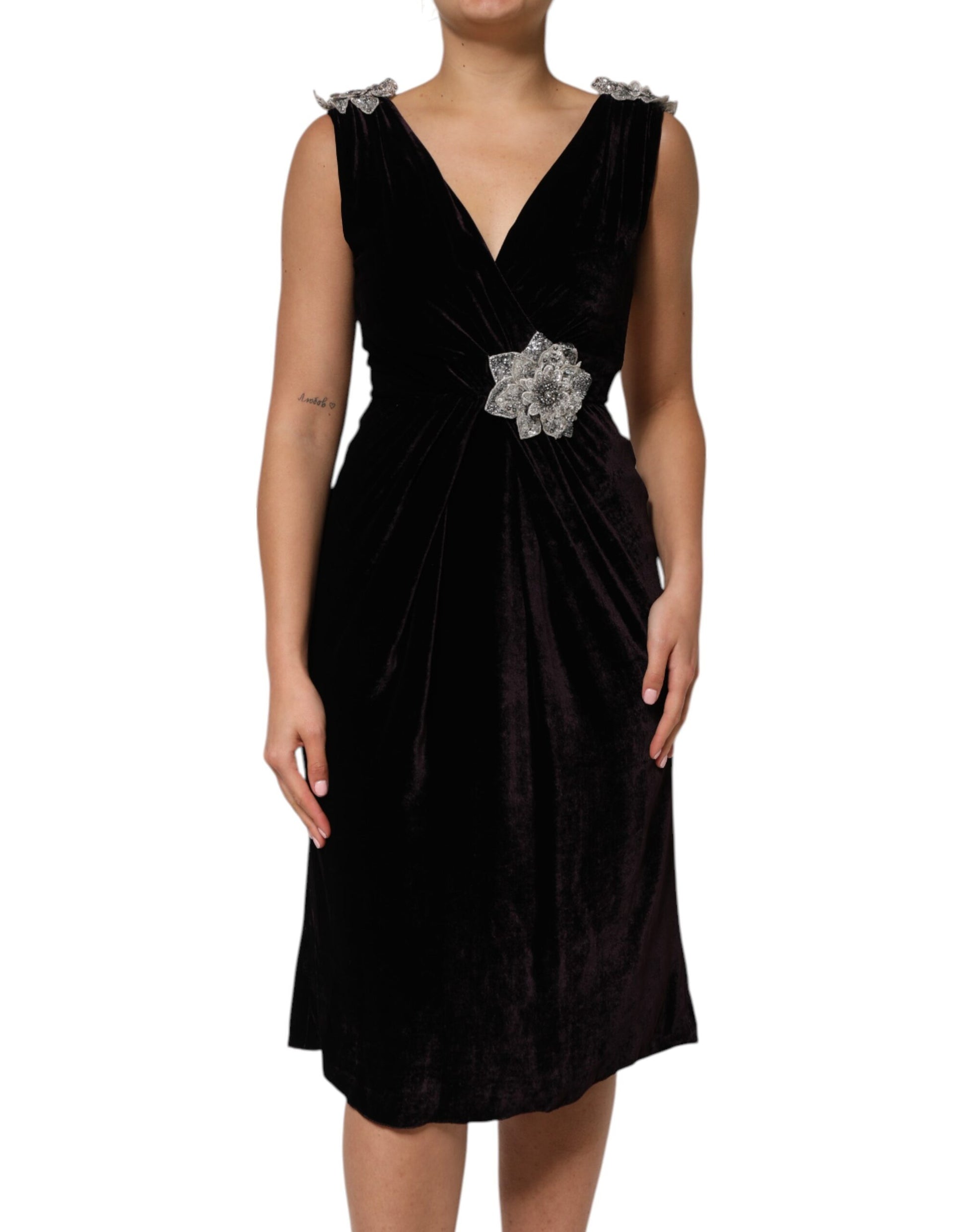 Black Velvet Flower Embellishment Aline Dress