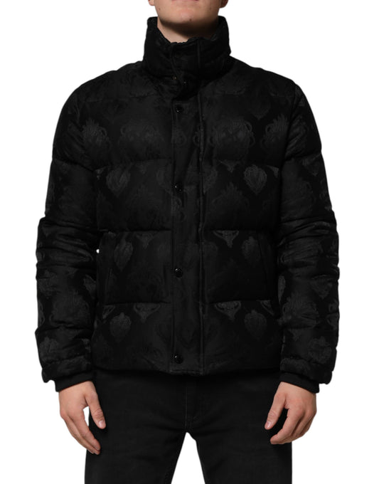 Black Jacquard Quilted Puffer Bomber Jacket