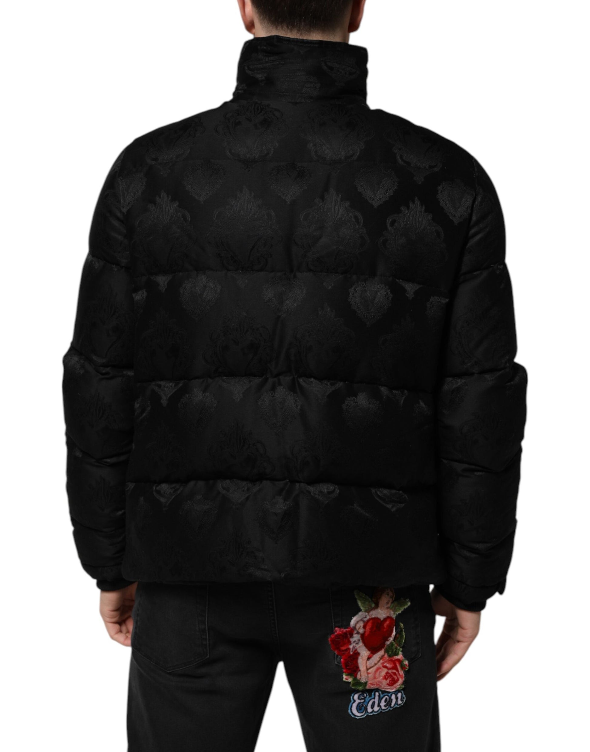 Black Jacquard Quilted Puffer Bomber Jacket