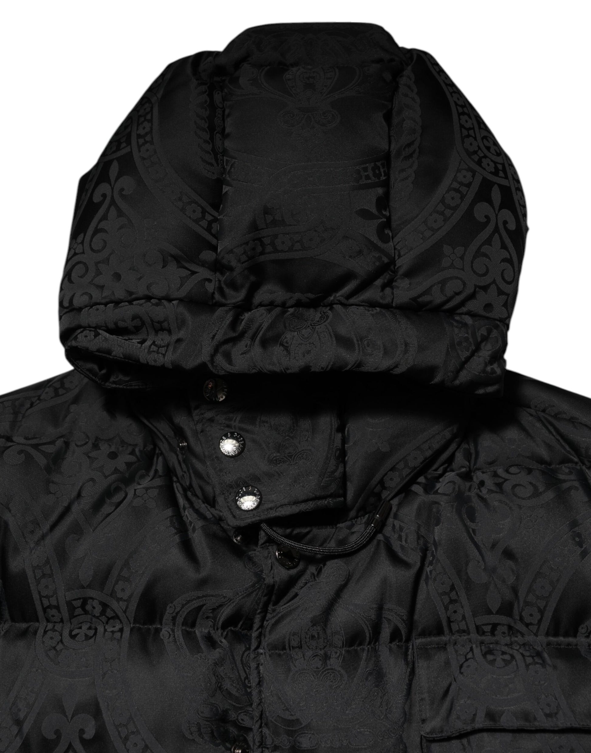 Black Jacquard Quilted Puffer Hooded Jacket