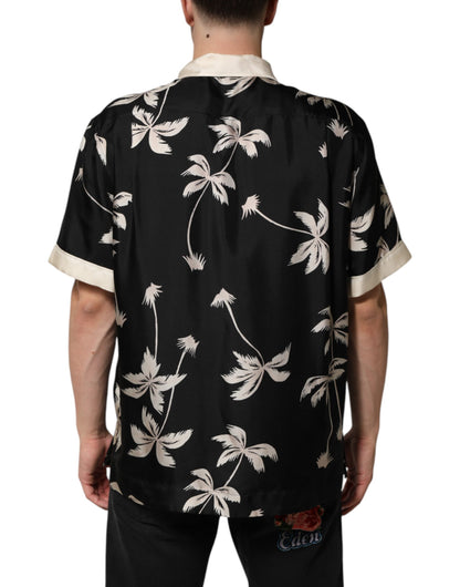 Black Printed Silk Short Sleeves Casual Shirt