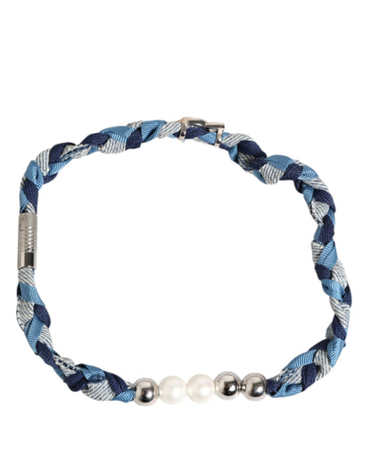 Blue White Braided Silver Metal Logo Beaded Men Bracelet