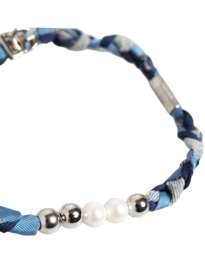 Blue White Braided Silver Metal Logo Beaded Men Bracelet