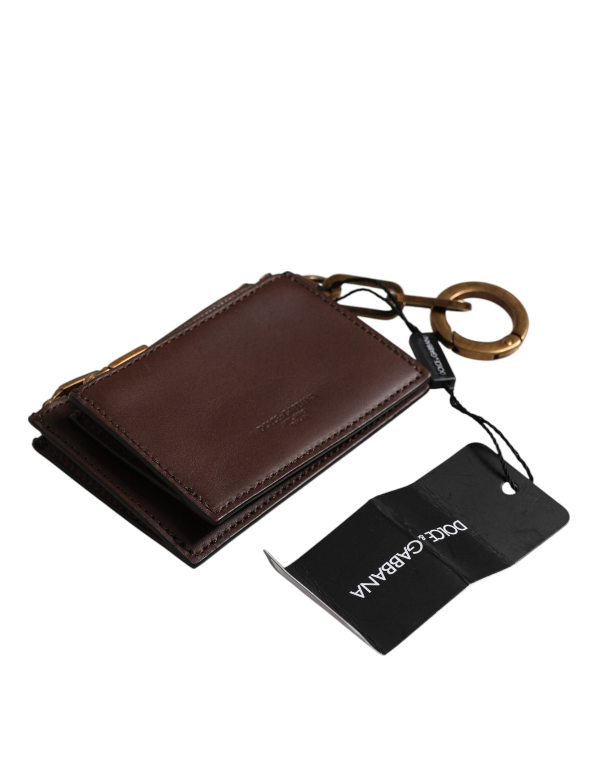 Brown Calf Leather Zip Logo Keyring Coin Purse Men Wallet