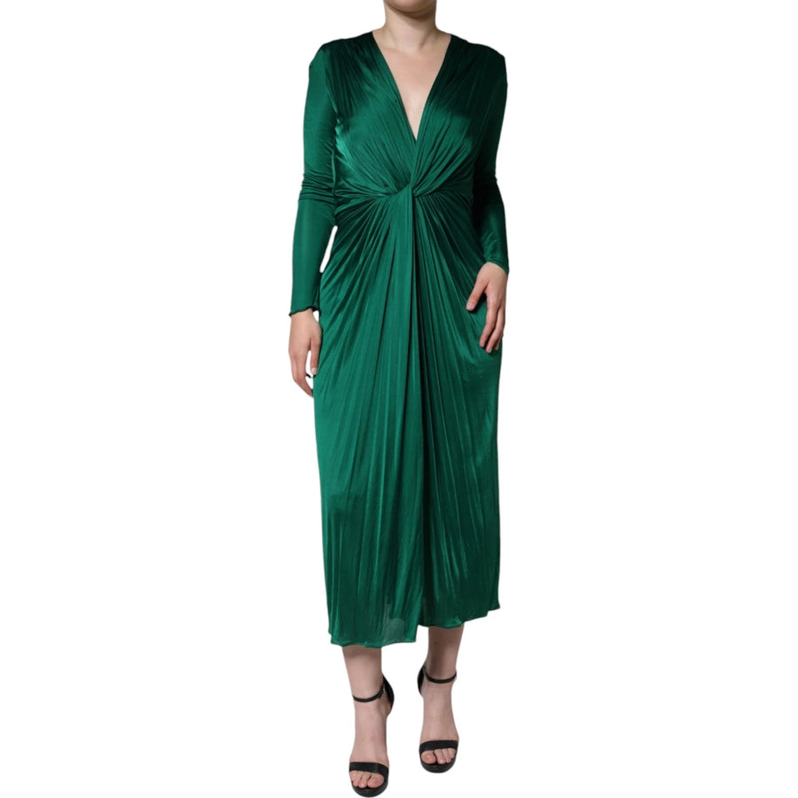 Dark Green Viscose Long Sleeve Midi Dress