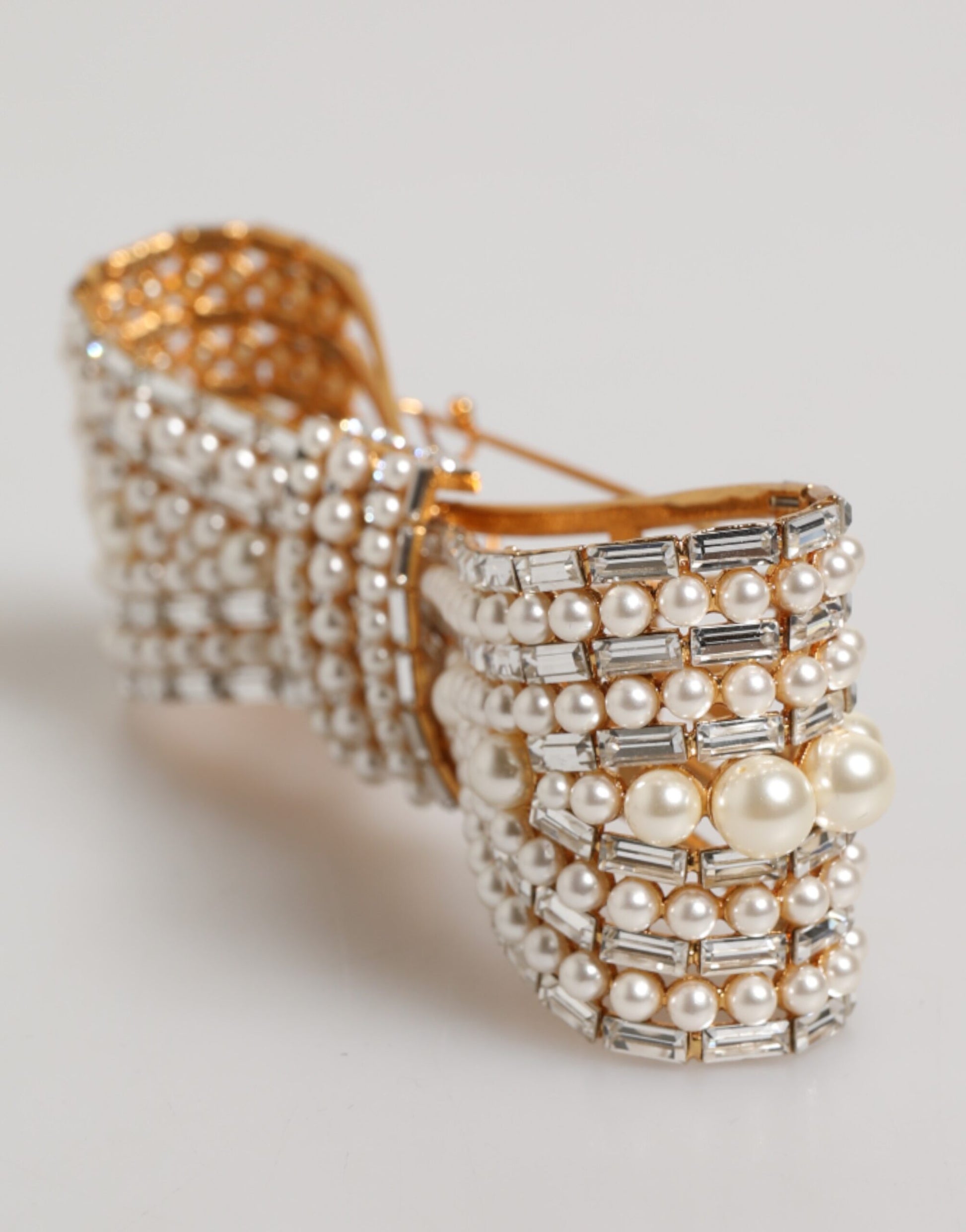 Gold Tone Brass Bow Crystal FauxPearl Embellished Brooch