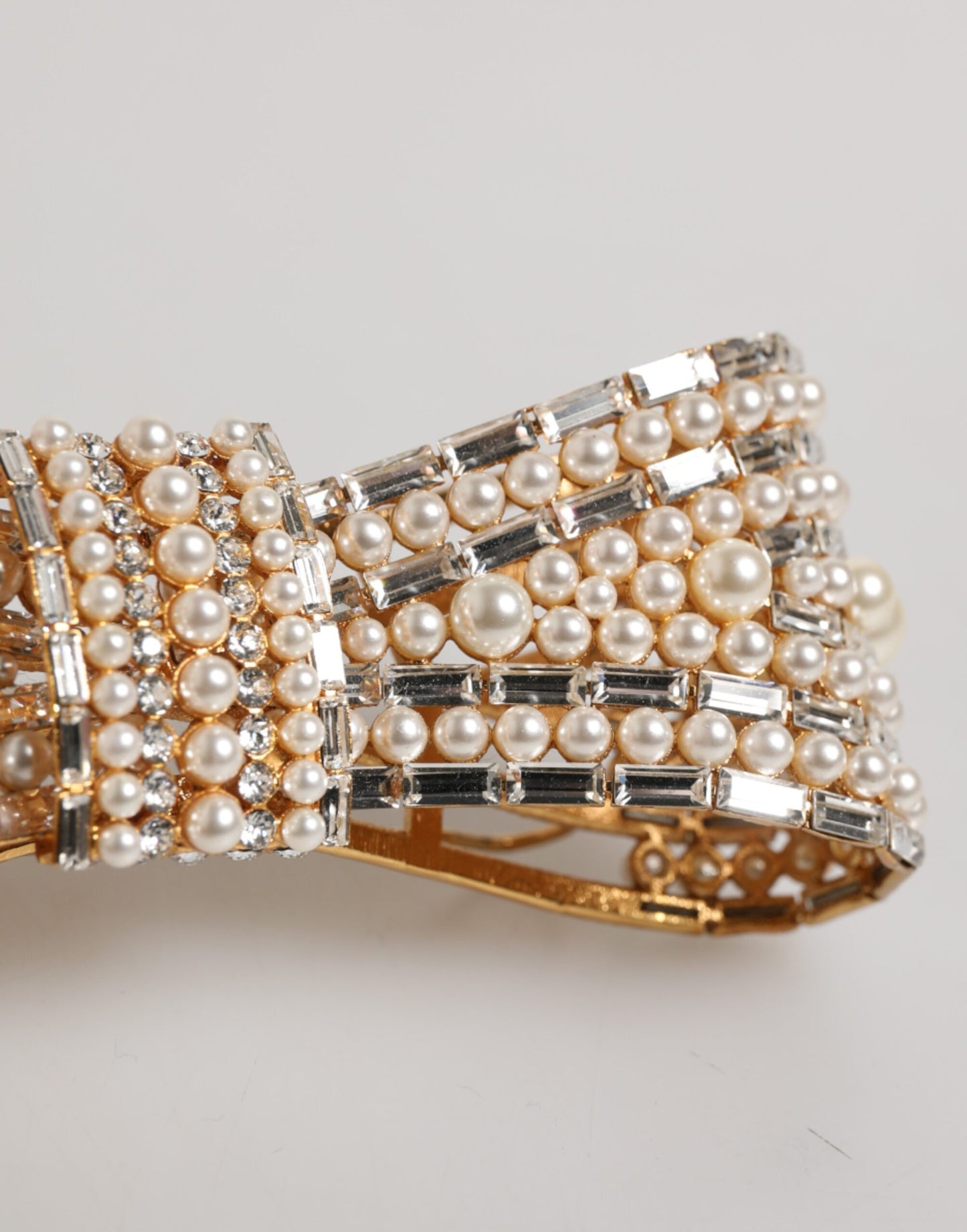 Gold Tone Brass Bow Crystal FauxPearl Embellished Brooch