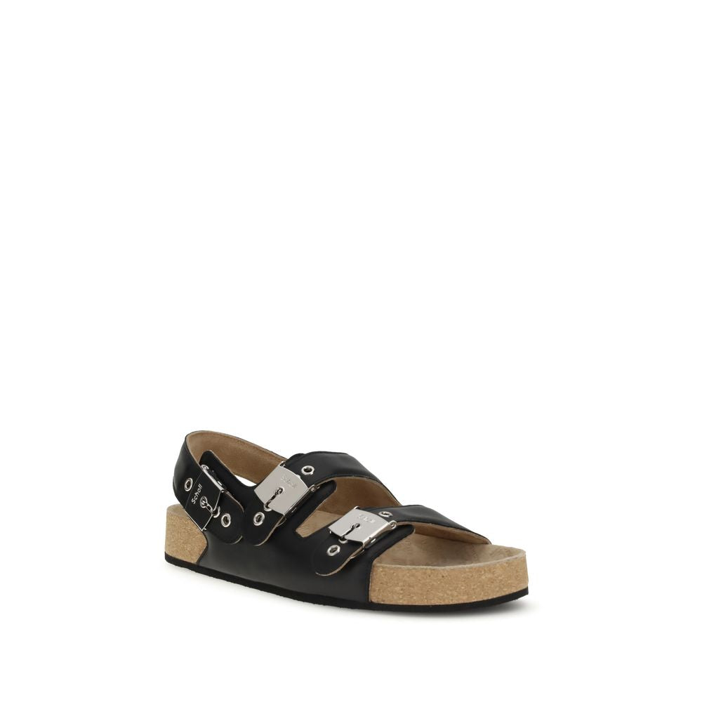 Black Calf Leather Bos Taurus Flat Sandals