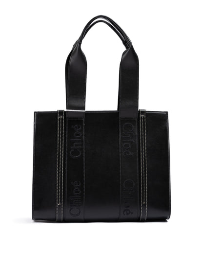 Black Woody Embroidered Logo Leather Medium Tote Bag