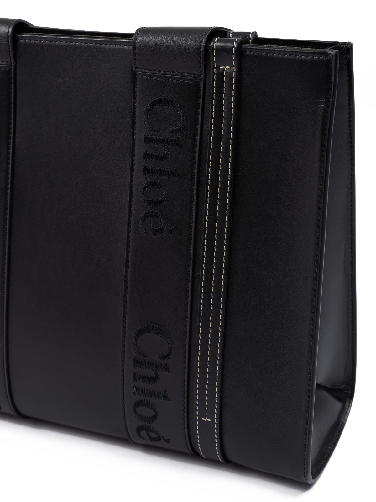 Black Woody Embroidered Logo Leather Medium Tote Bag